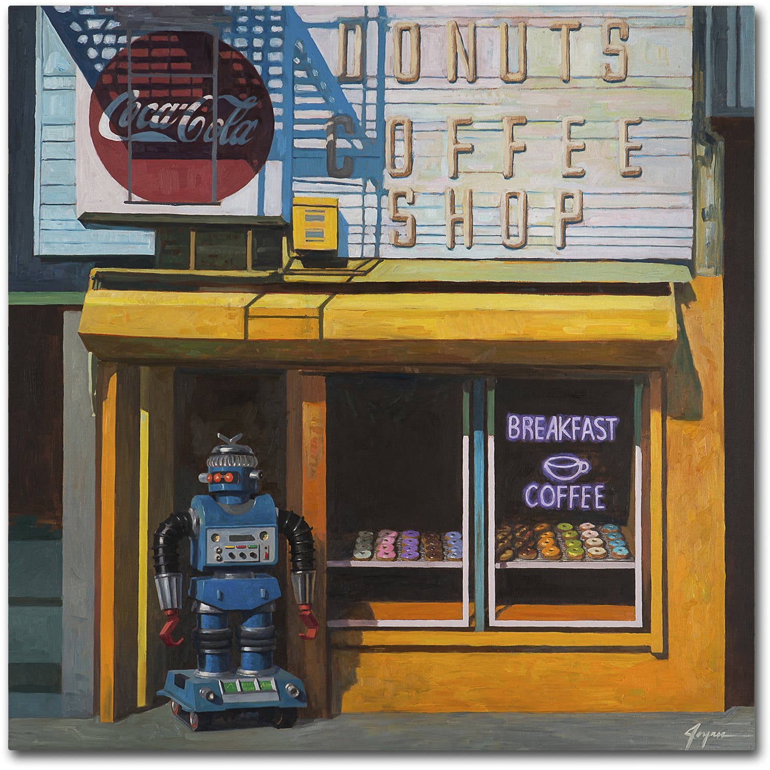 Blue Robot Donut Shop Canvas Art Print