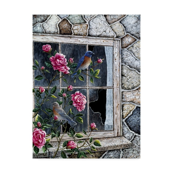 Trademark Fine Art 'Bluebirds In Window' Canvas Art by Jeff Tift