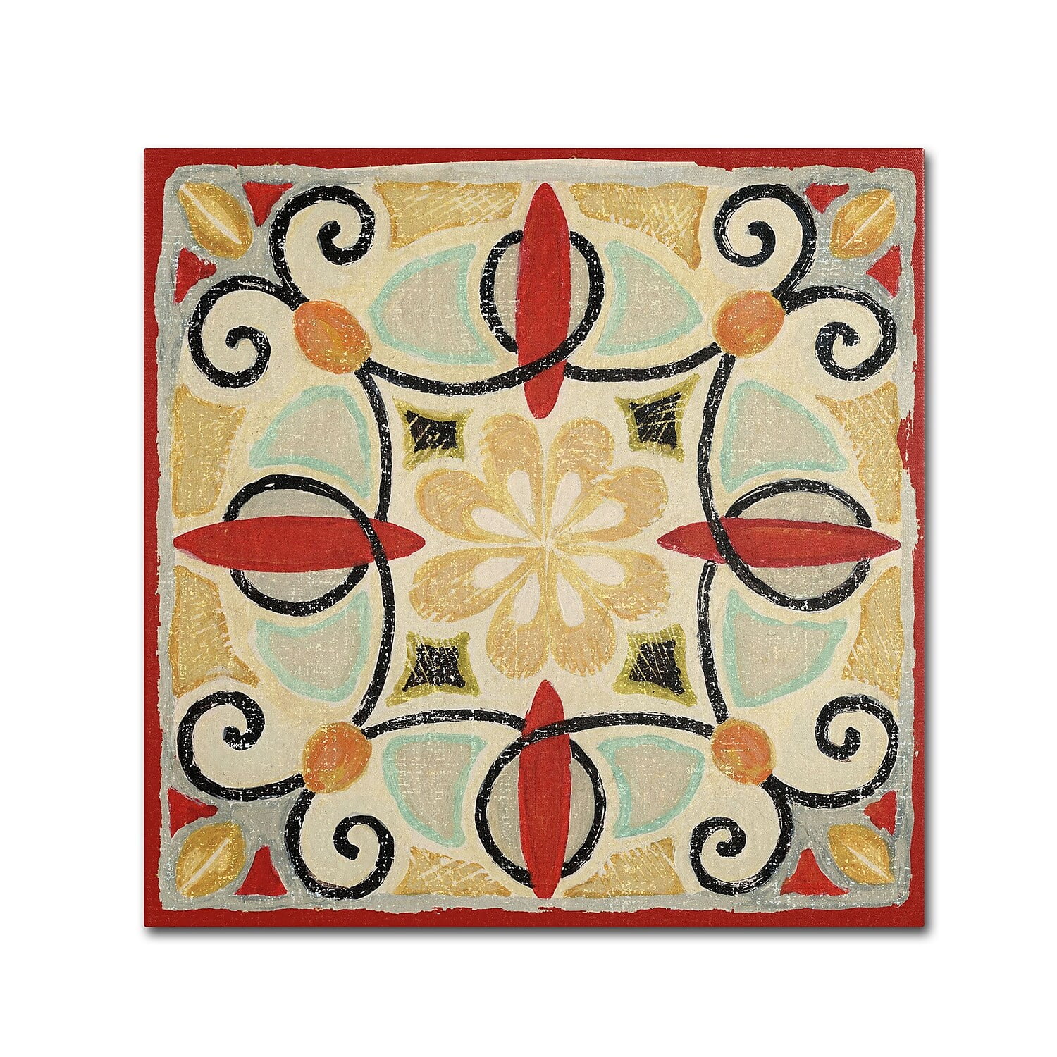 Bohemian Rooster Tile Square Red and Beige Canvas Art