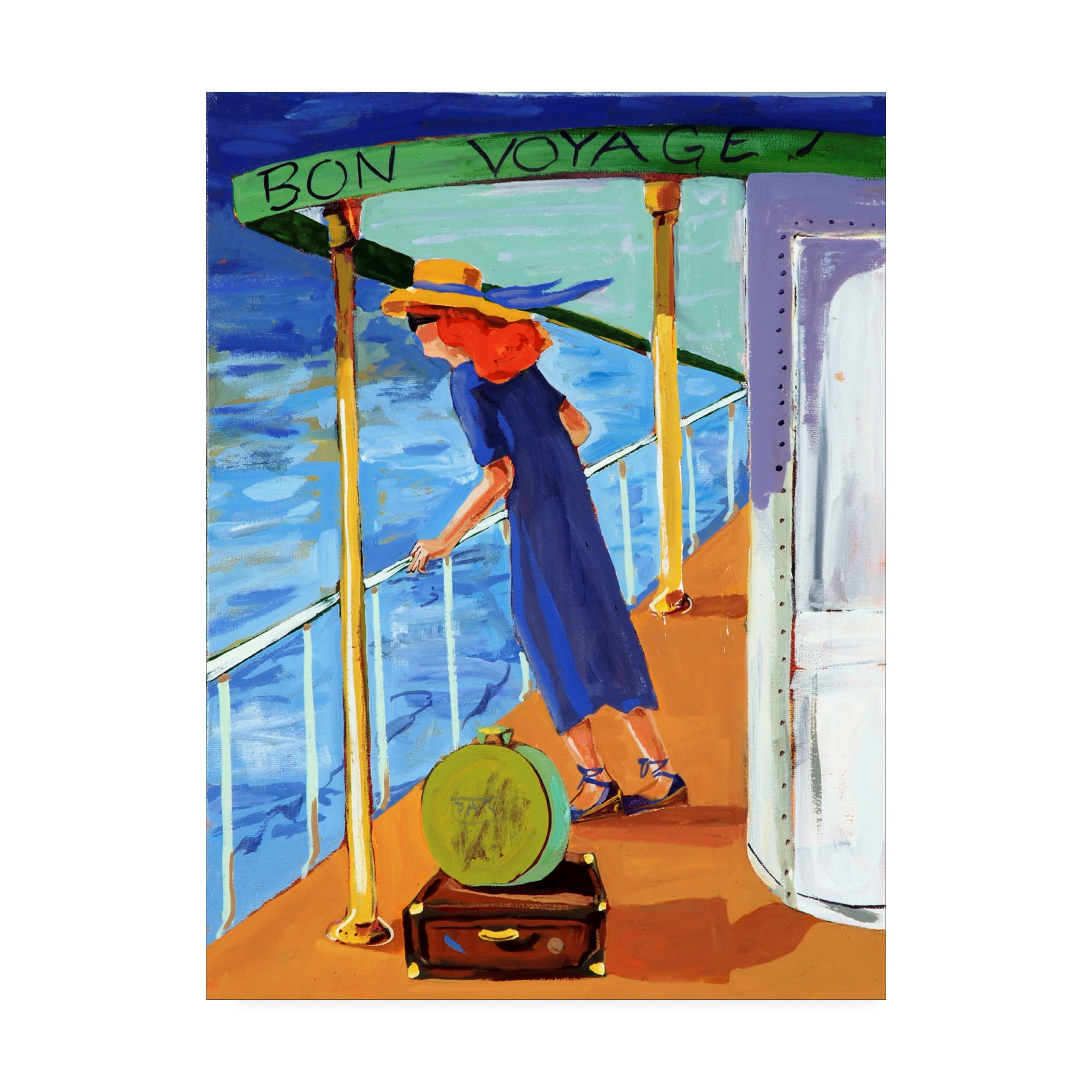 Bon Voyage Woman Gallery-Wrapped Canvas Art in Blue and Orange