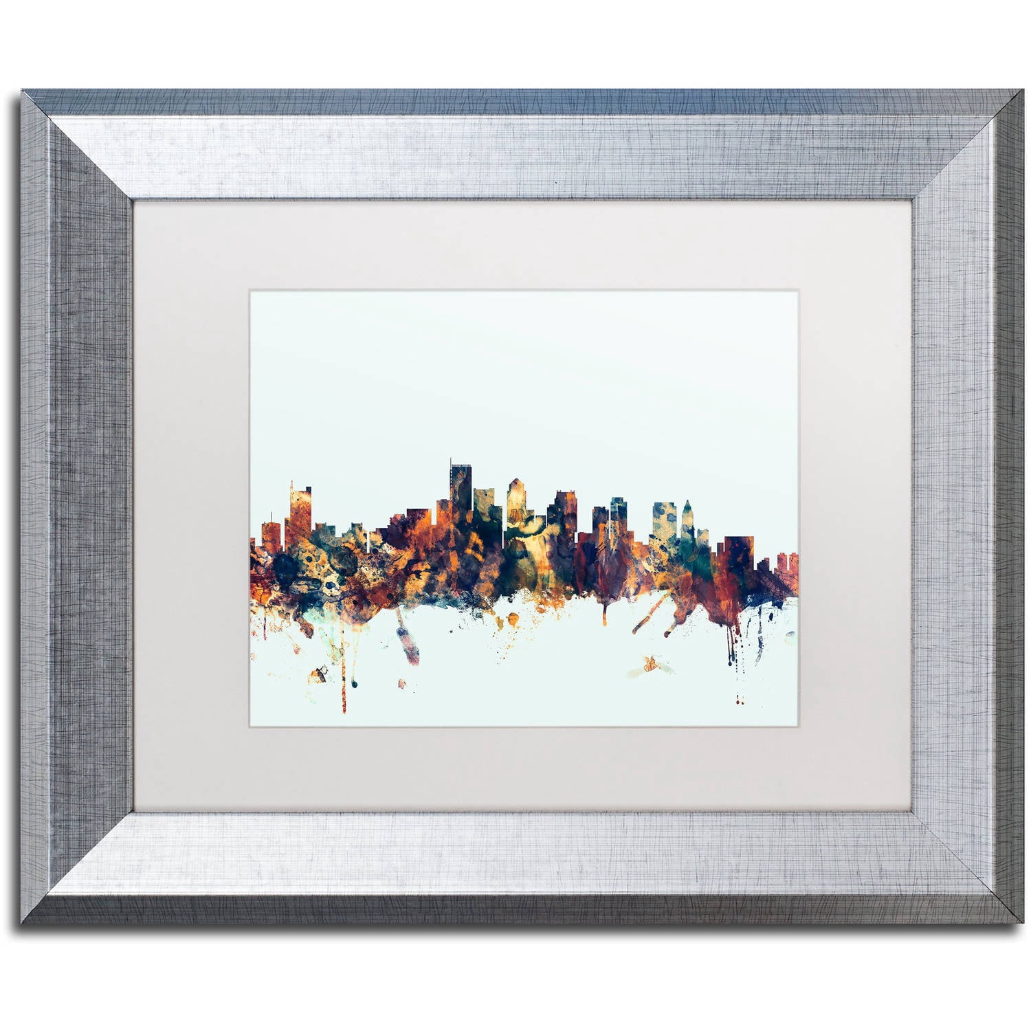Trademark Fine Art "Boston MA Skyline Blue" Canvas Art by Michael Tompsett, White Matte, Silver Frame