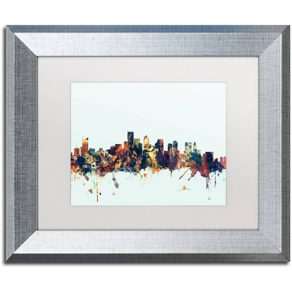 Trademark Fine Art "Boston MA Skyline Blue" Canvas Art by Michael Tompsett, White Matte, Silver Frame