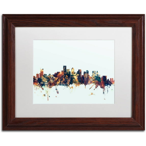 Trademark Fine Art "Boston MA Skyline Blue" Canvas Art by Michael Tompsett, White Matte, Wood Frame