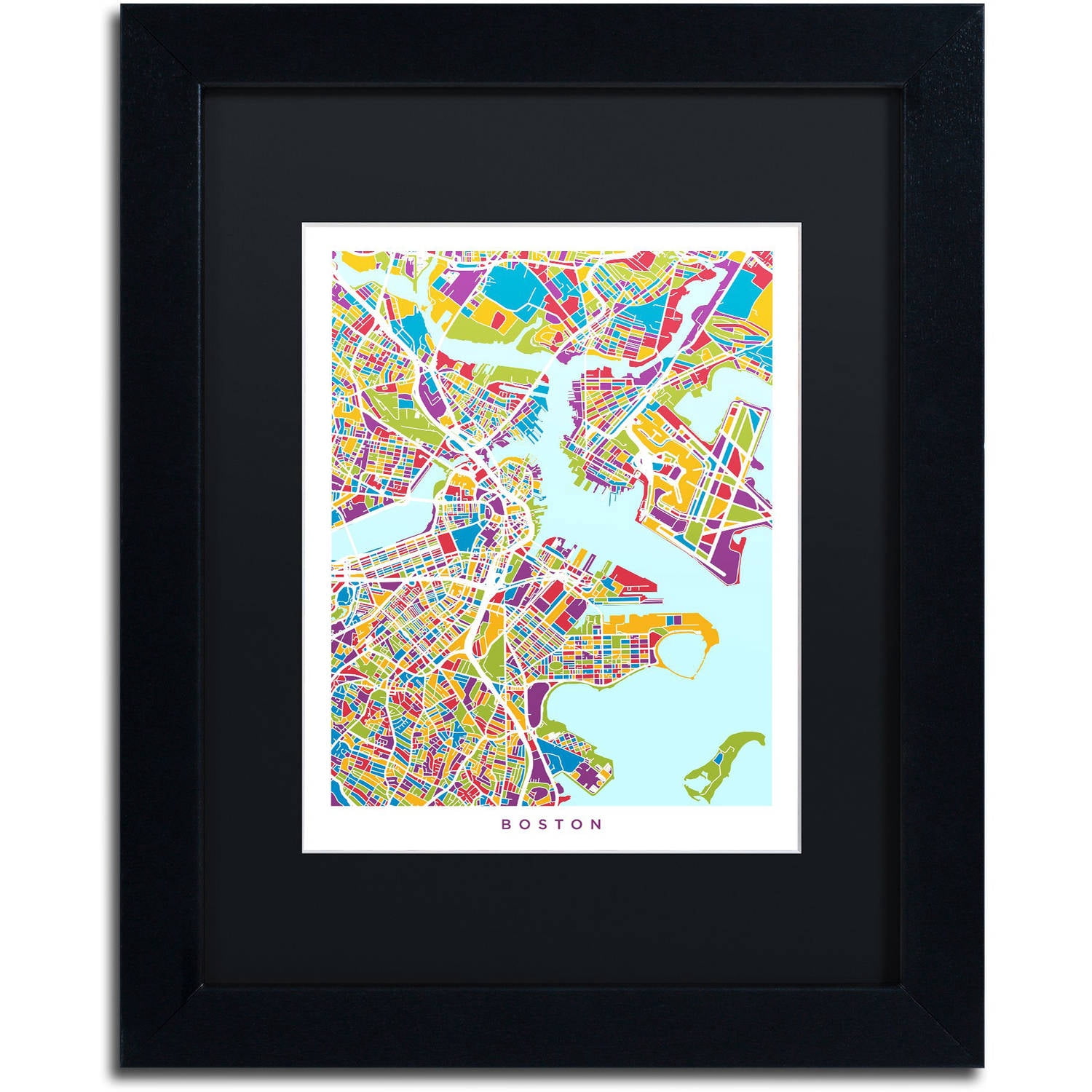 Trademark Fine Art "Boston MA Street Map 2" Canvas Art by Michael Tompsett, Black Matte, Black Frame