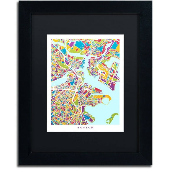 Trademark Fine Art "Boston MA Street Map 2" Canvas Art by Michael Tompsett, Black Matte, Black Frame