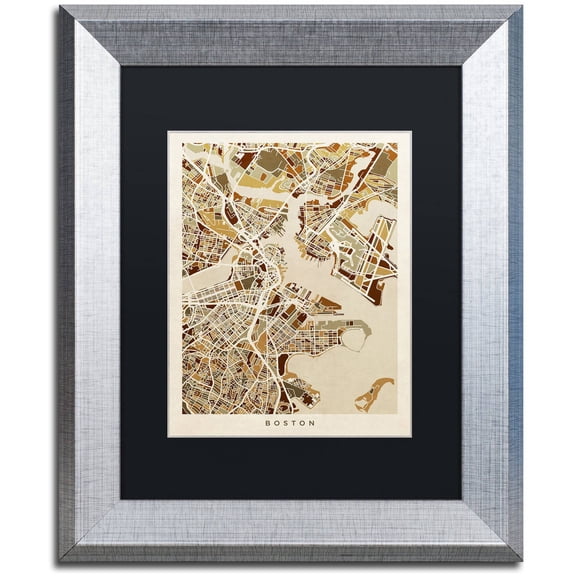 Trademark Fine Art "Boston MA Street Map Brown" Canvas Art by Michael Tompsett, Black Matte, Silver Frame
