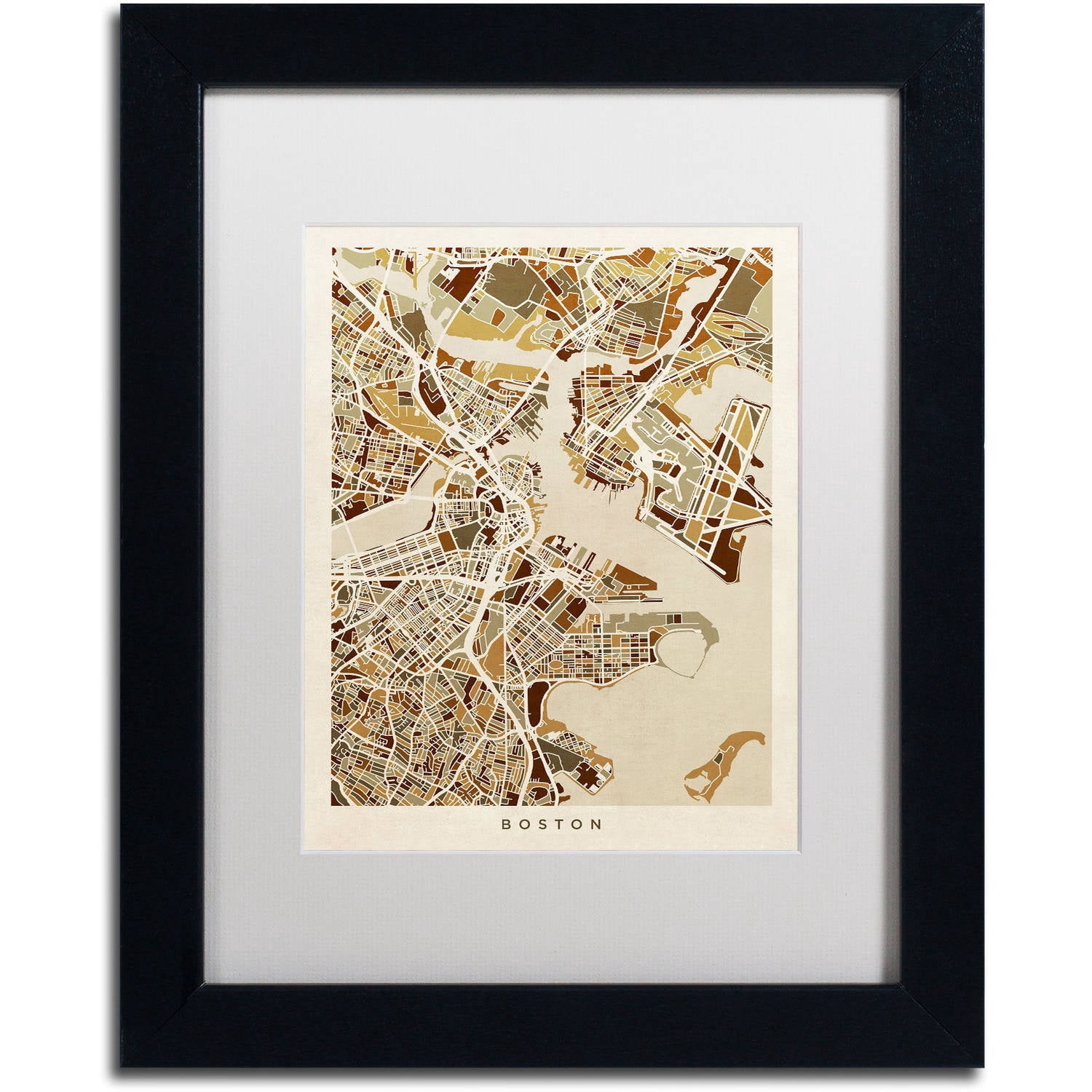 Trademark Fine Art "Boston MA Street Map Brown" Canvas Art by Michael Tompsett, White Matte, Black Frame