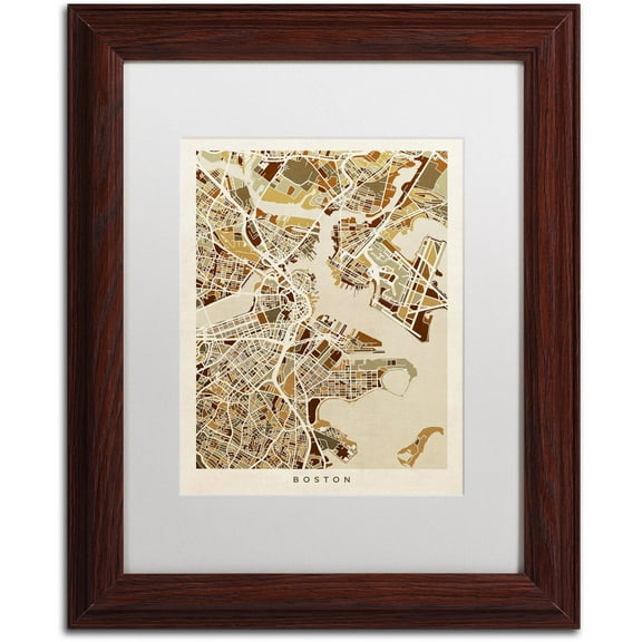 Trademark Fine Art "Boston MA Street Map Brown" Canvas Art by Michael Tompsett, White Matte, Wood Frame