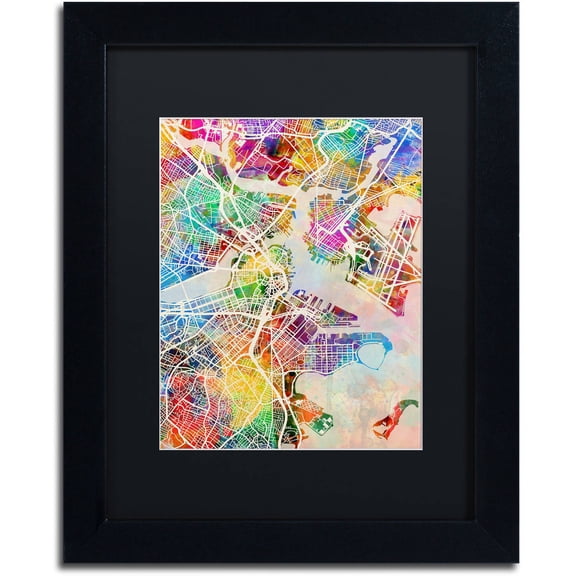 Trademark Fine Art "Boston MA Street Map" Canvas Art by Michael Tompsett, Black Matte, Black Frame