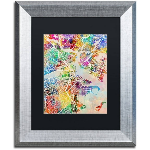 Trademark Fine Art "Boston MA Street Map" Canvas Art by Michael Tompsett, Black Matte, Silver Frame
