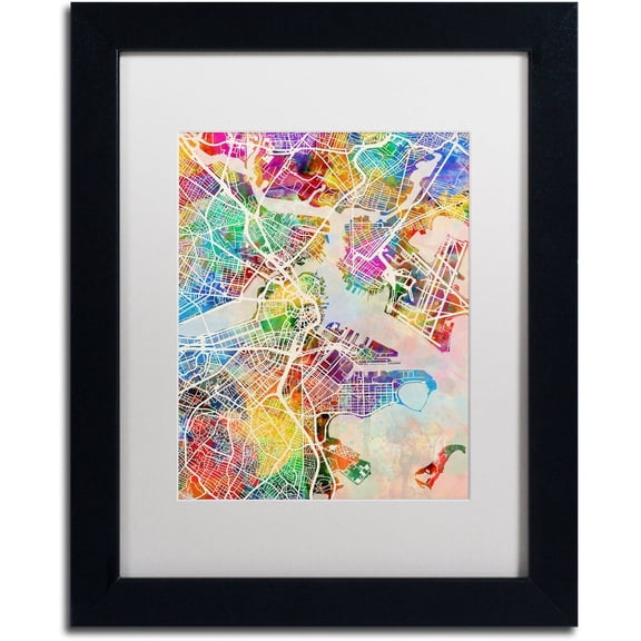 Trademark Fine Art "Boston MA Street Map" Canvas Art by Michael Tompsett, White Matte, Black Frame