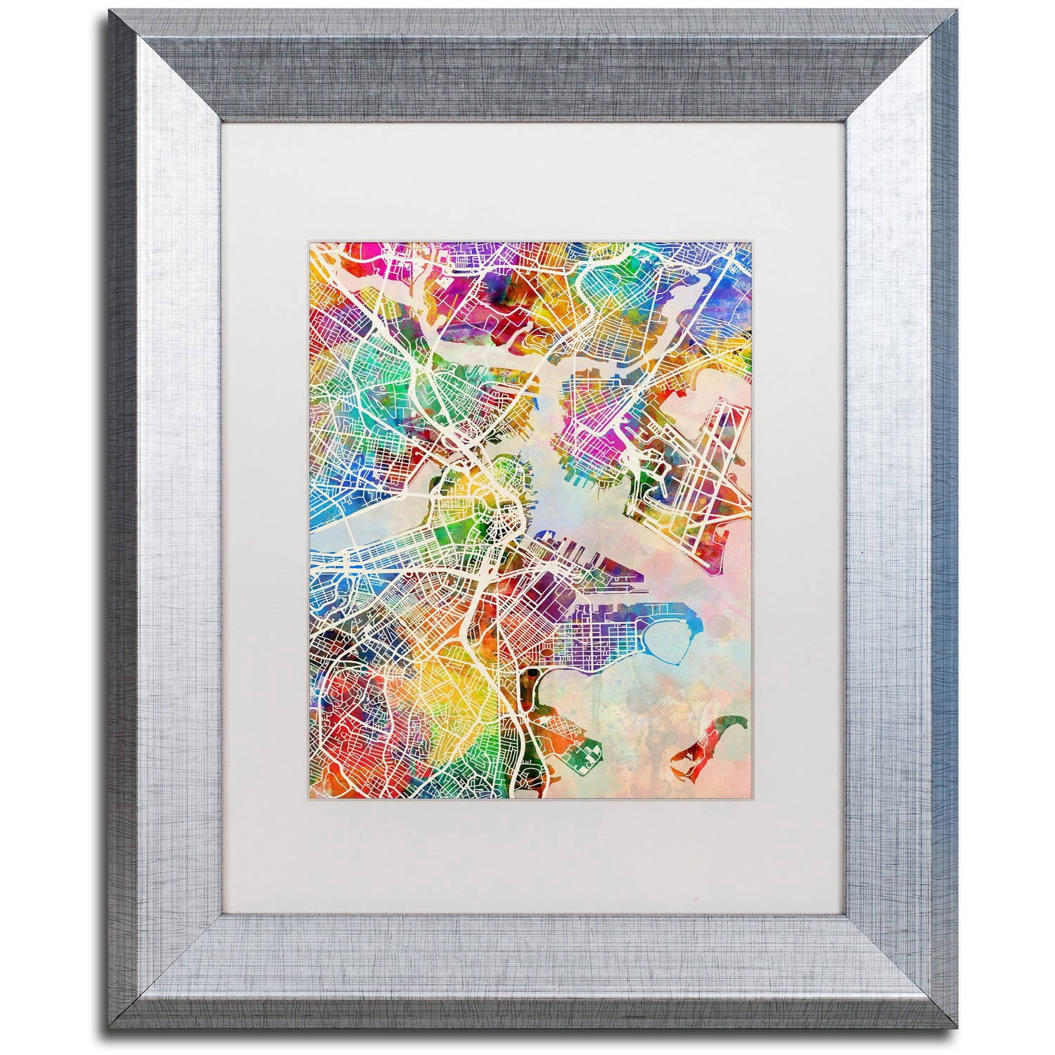 Trademark Fine Art "Boston MA Street Map" Canvas Art by Michael Tompsett, White Matte, Silver Frame