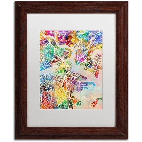 Trademark Fine Art "Boston MA Street Map" Canvas Art by Michael Tompsett, White Matte, Wood Frame