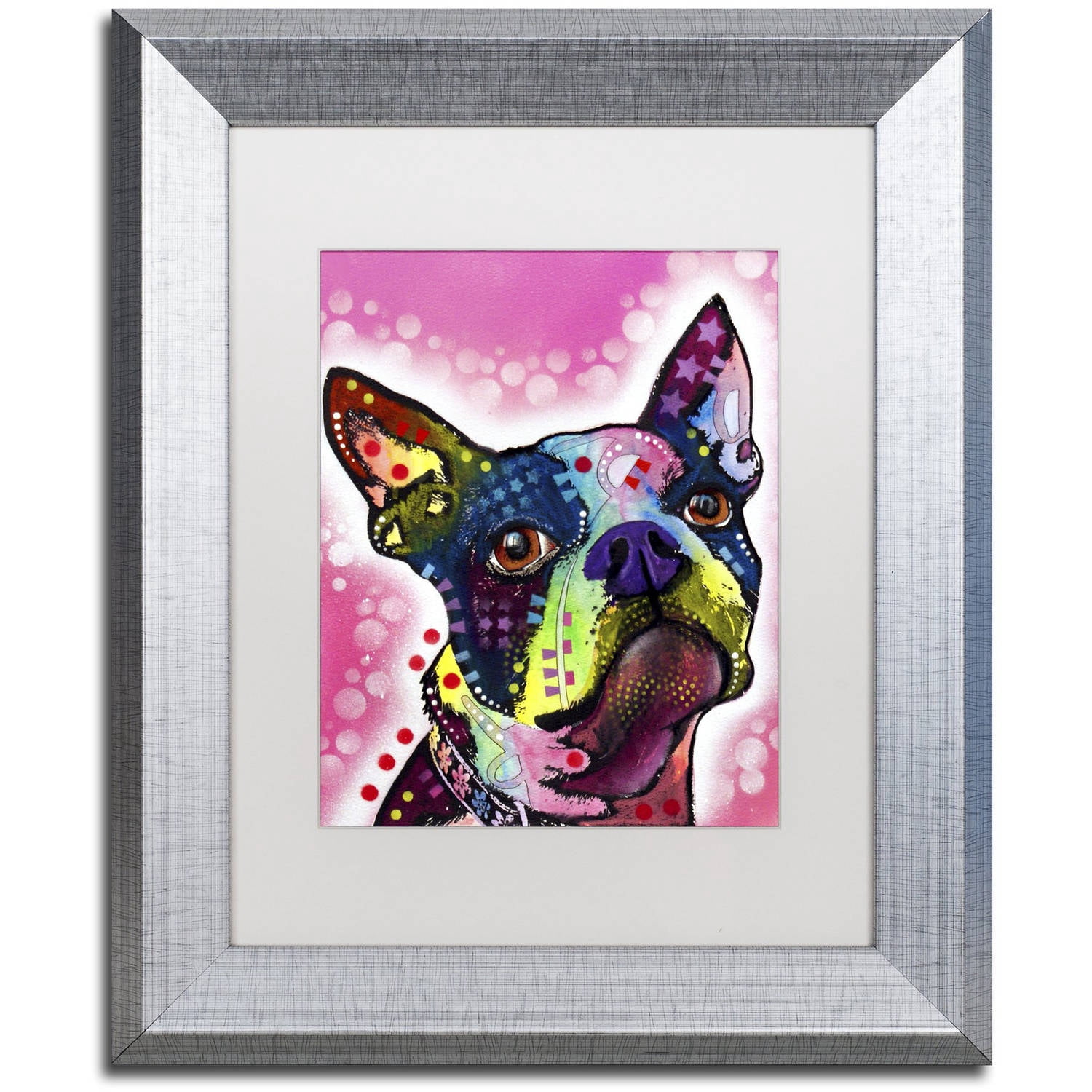 Trademark Fine Art "Boston Terrier" Canvas Art by Dean Russo, White Matte, Silver Frame