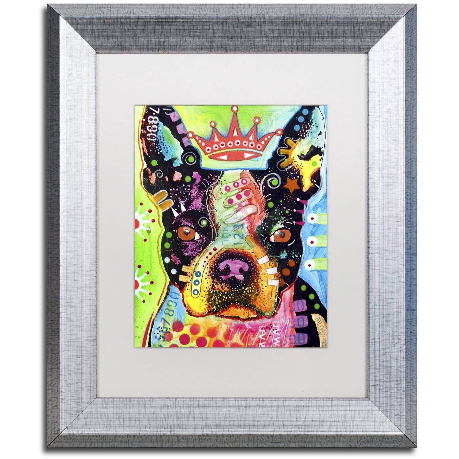 Trademark Fine Art "Boston Terrier Crowned" Canvas Art by Dean Russo, White Matte, Silver Frame