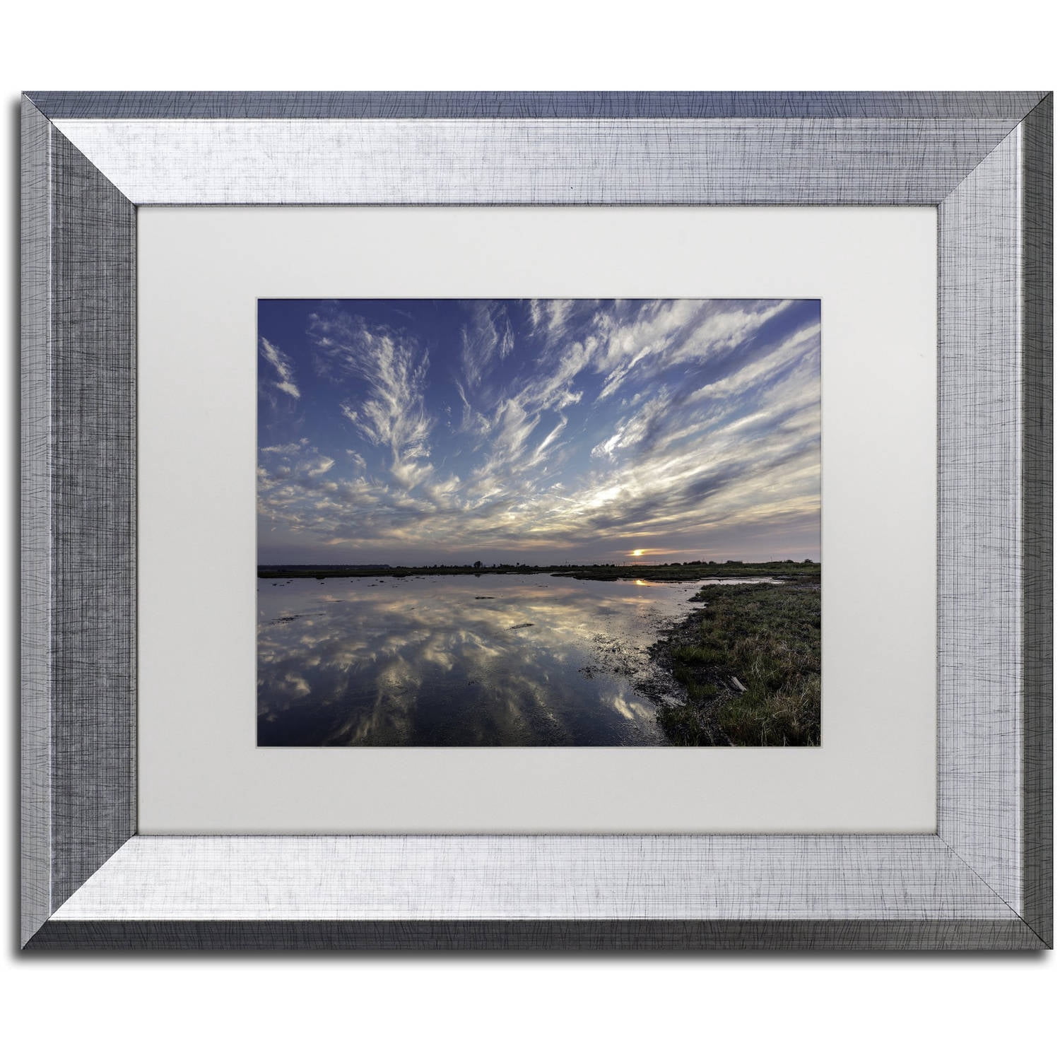 Trademark Fine Art 'Boundary Bay Sunset' Canvas Art by Pierre Leclerc, White Matte, Silver Frame