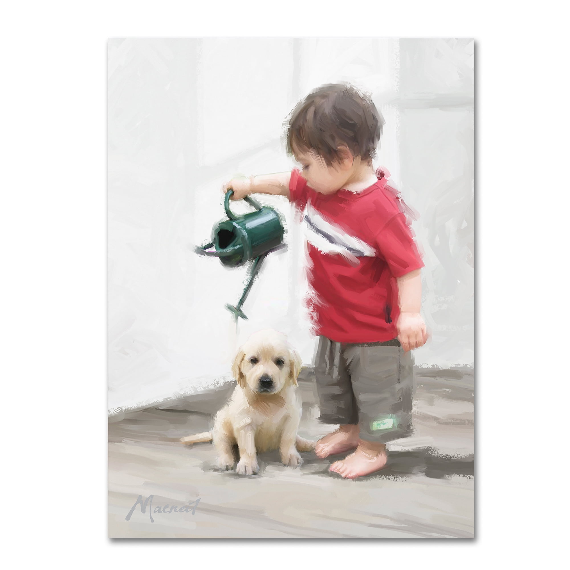 Boy Watering Puppy Canvas Art in Red and Green