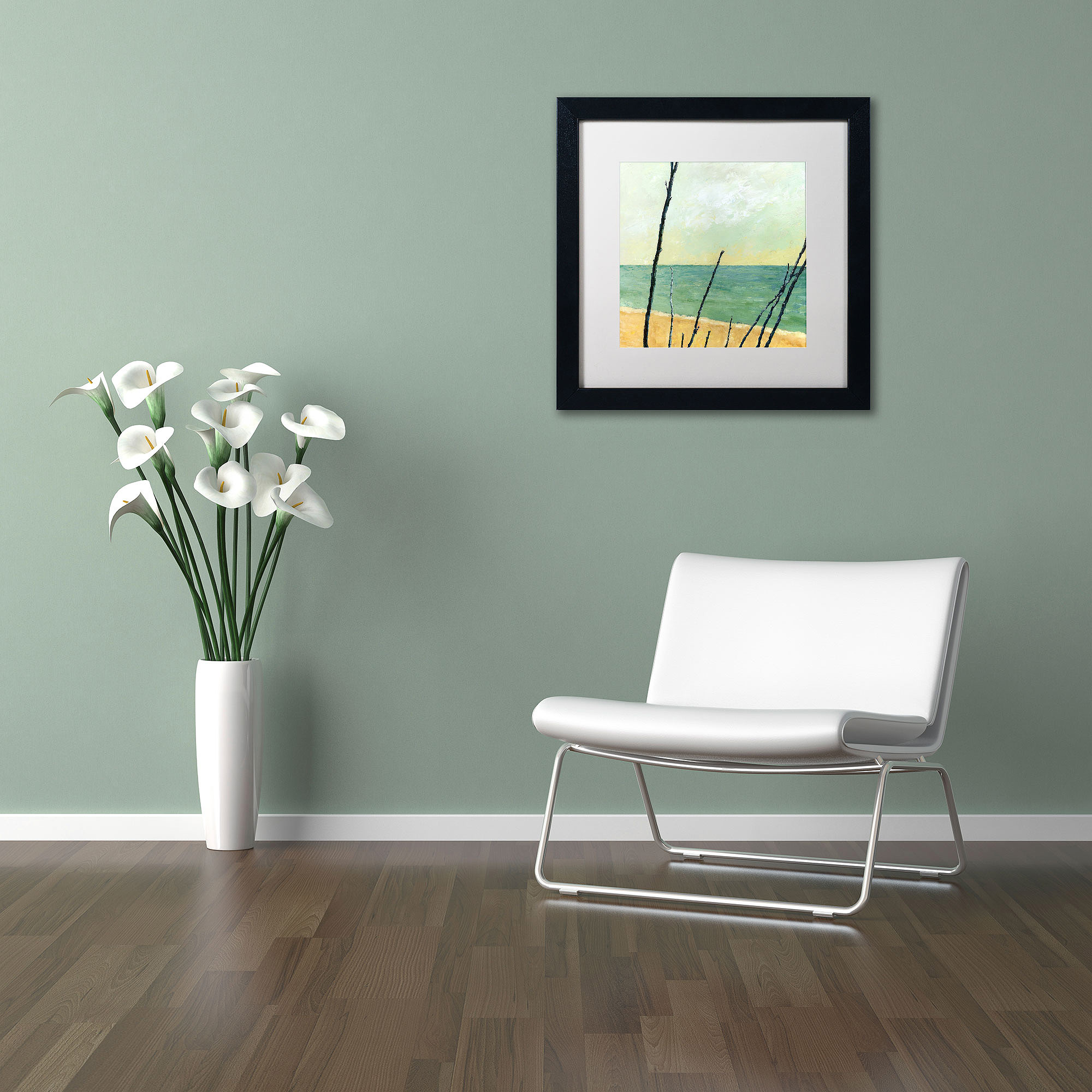Trademark Fine Art "Branches on the Beach" Canvas Art by Michelle Calkins, White Matte, Black Frame