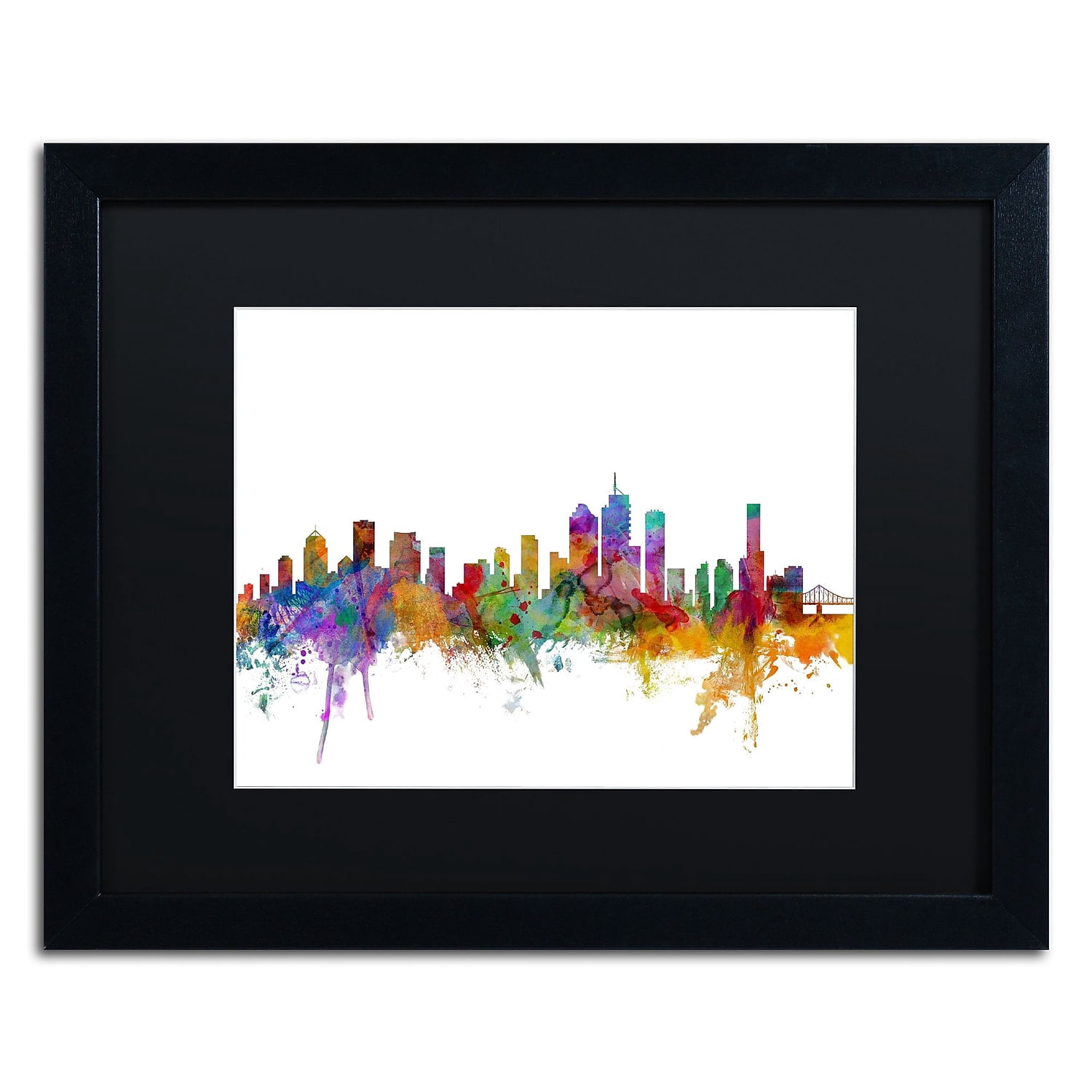 Trademark Fine Art "Brisbane Australia Skyline" Canvas Art by Michael Tompsett Black Matte, Black Frame