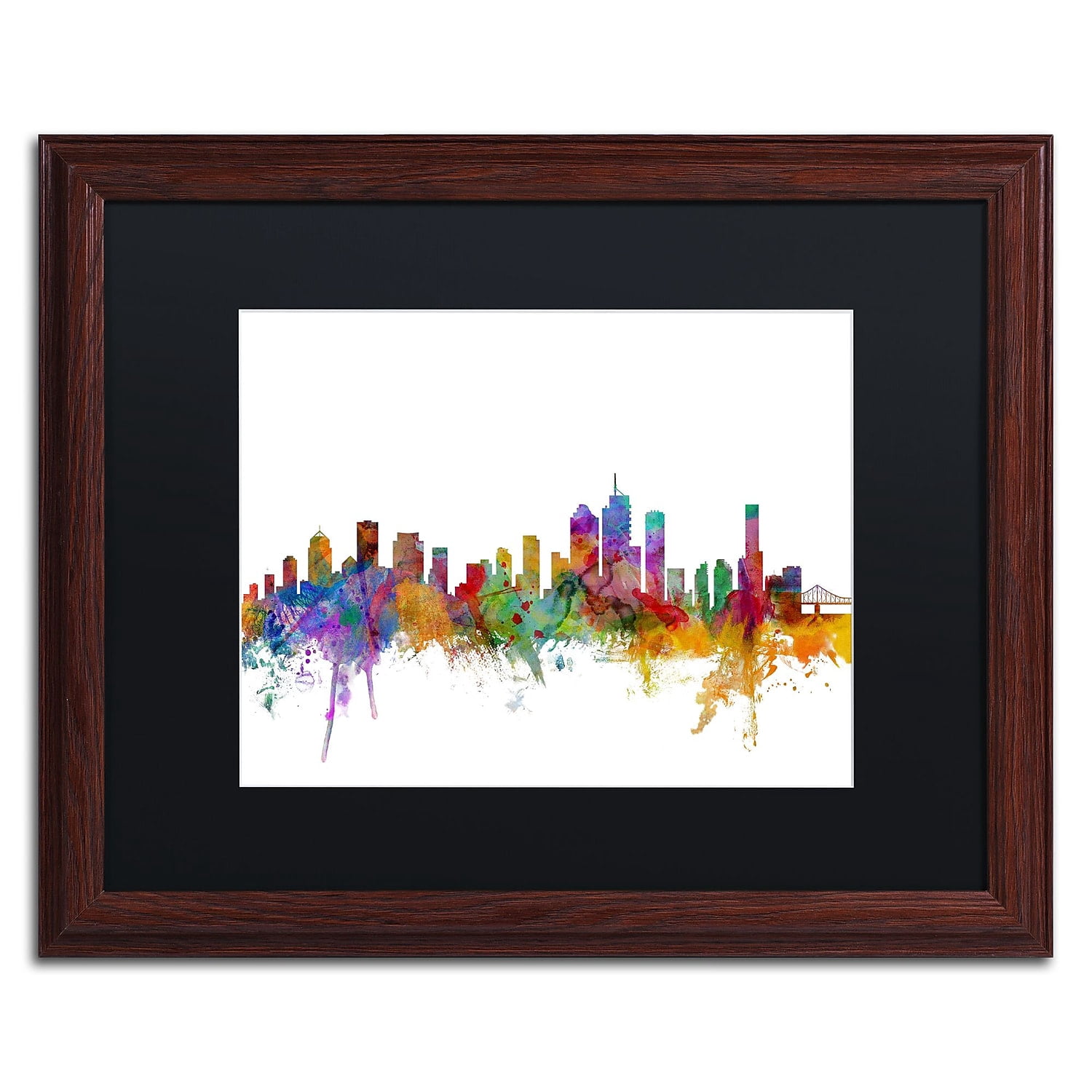 Trademark Fine Art "Brisbane Australia Skyline" Canvas Art by Michael Tompsett Black Matte, Wood Frame