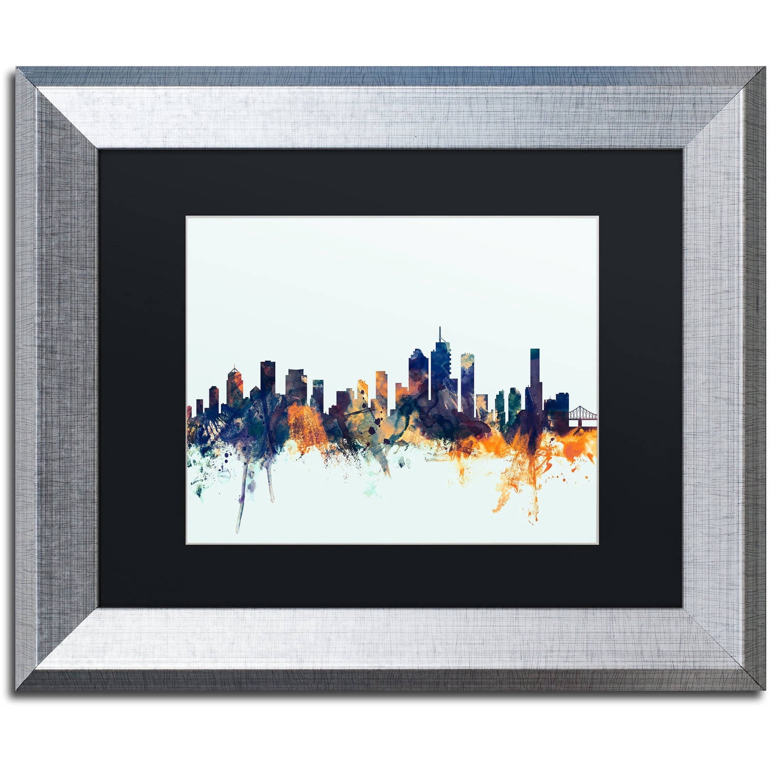 Trademark Fine Art "Brisbane Skyline Blue" Canvas Art by Michael Tompsett, Black Matte, Silver Frame