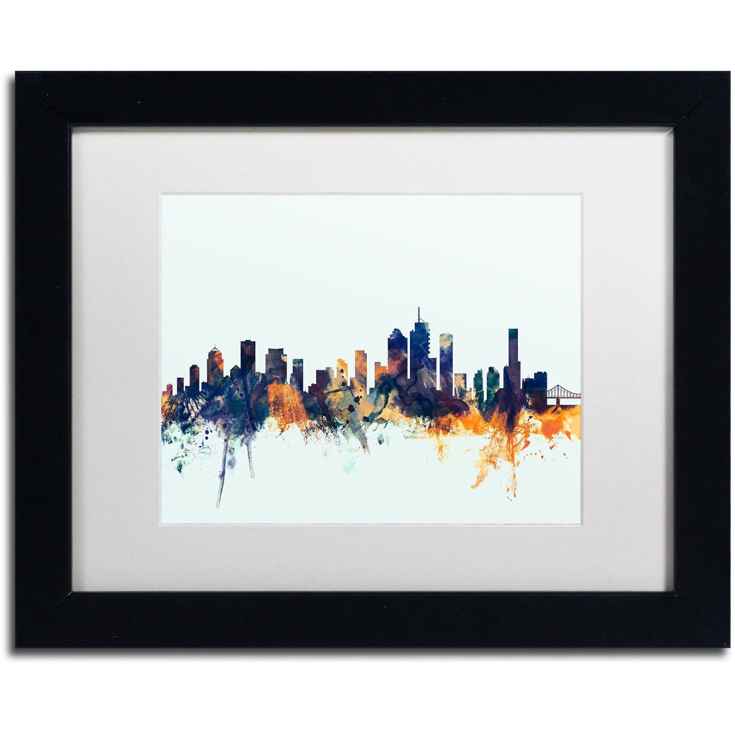 Trademark Fine Art "Brisbane Skyline Blue" Canvas Art by Michael Tompsett, White Matte, Black Frame