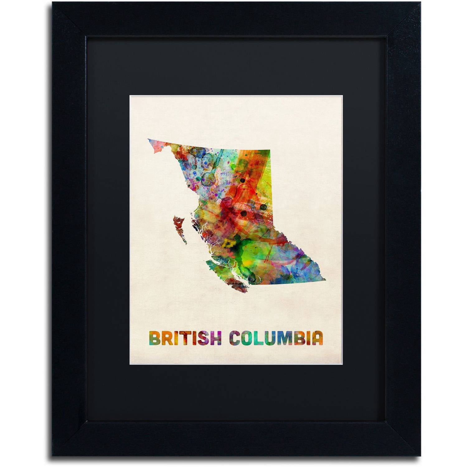 Trademark Fine Art 'British Columbia Watercolor Map' Canvas Art by Michael Tompsett, Black Matte, Black Frame