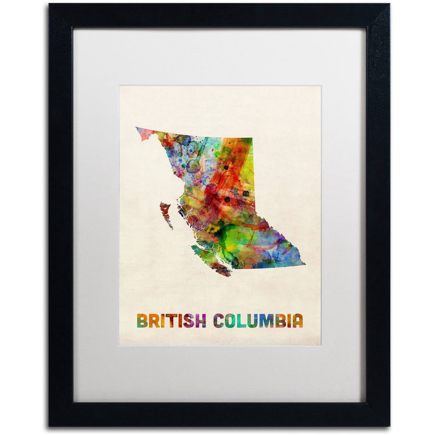 Trademark Fine Art 'British Columbia Watercolor Map' Canvas Art by Michael Tompsett, White Matte, Black Frame