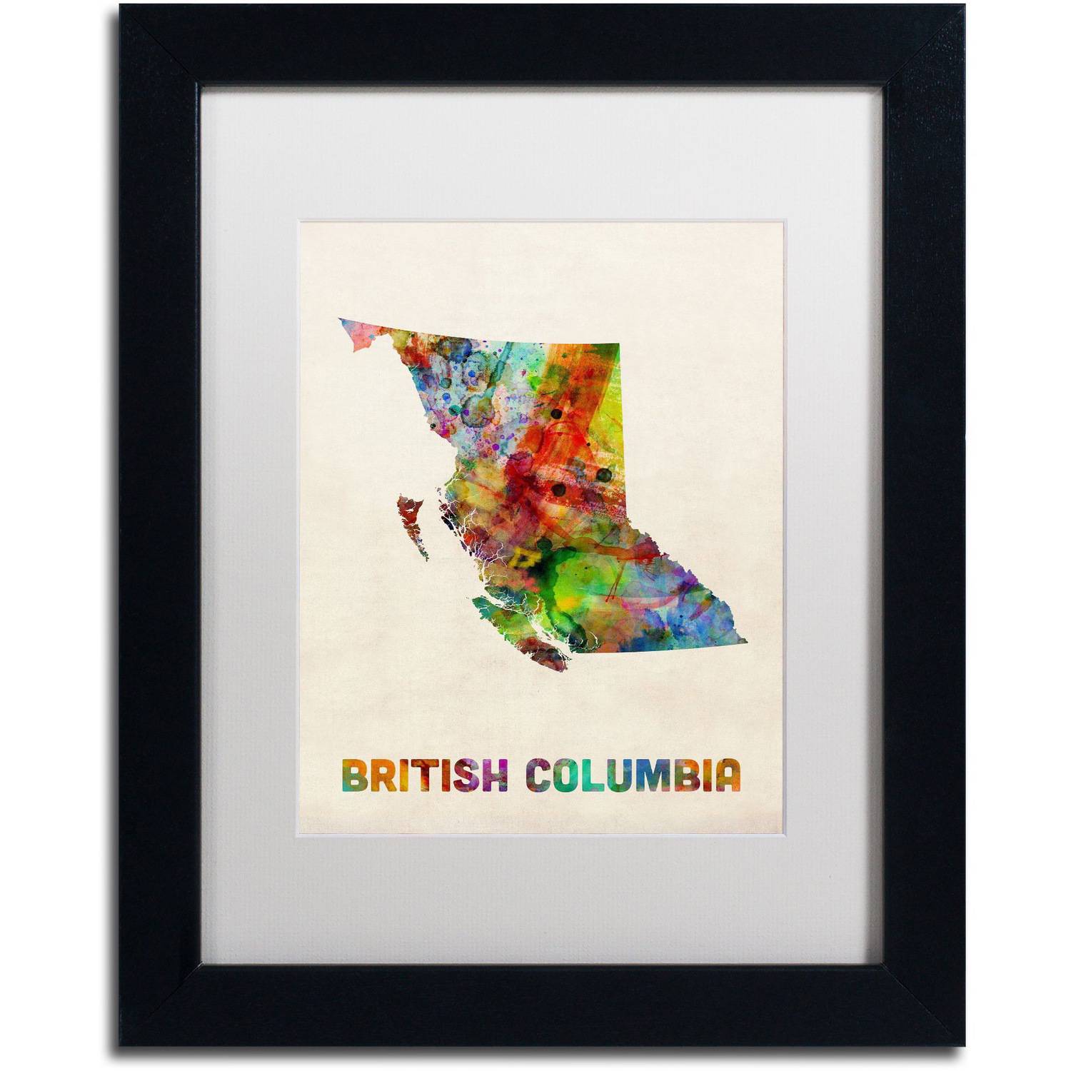 Trademark Fine Art 'British Columbia Watercolor Map' Canvas Art by Michael Tompsett, White Matte, Black Frame