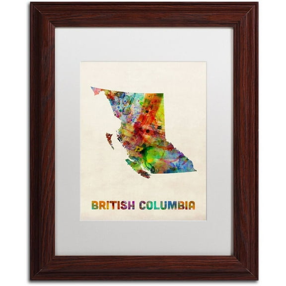 Trademark Fine Art 'British Columbia Watercolor Map' Canvas Art by Michael Tompsett, White Matte, Wood Frame