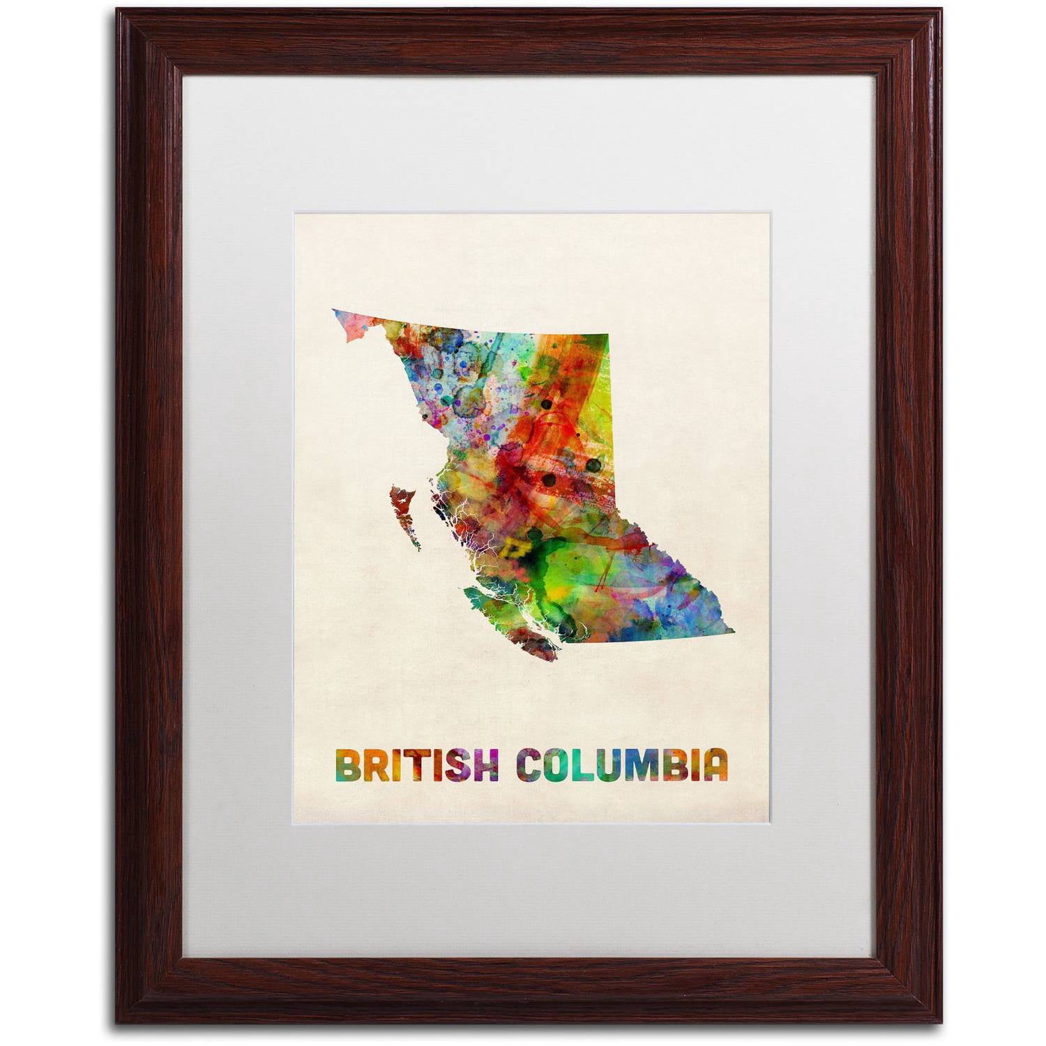 Trademark Fine Art 'British Columbia Watercolor Map' Canvas Art by Michael Tompsett, White Matte, Wood Frame