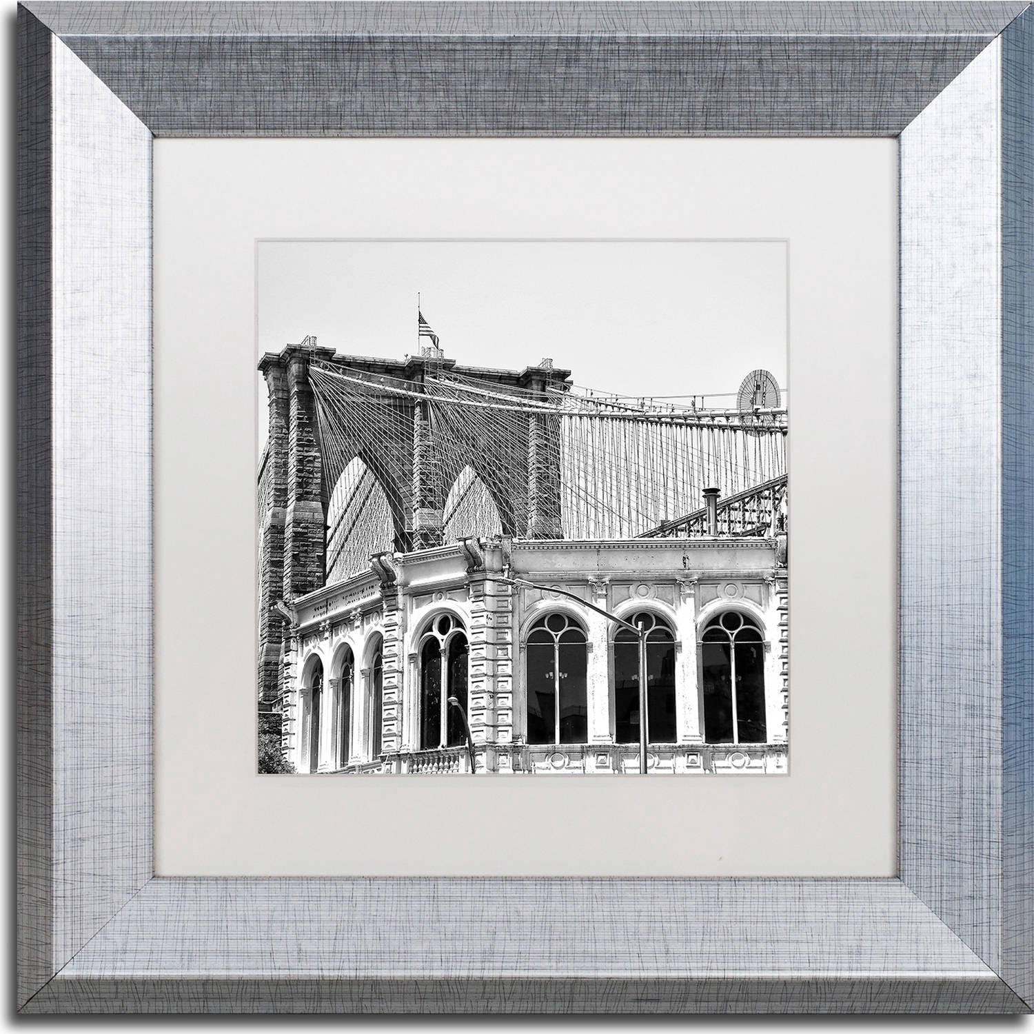 Trademark Fine Art "Brooklyn Bridge 1" Canvas Art by CATeyes, White Matte, Silver Frame
