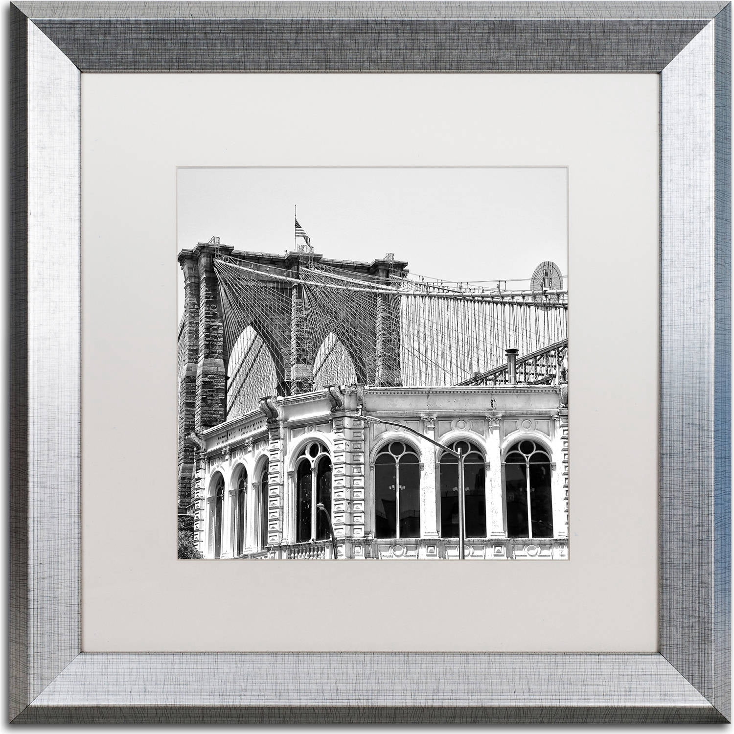 Trademark Fine Art "Brooklyn Bridge 1" Canvas Art by CATeyes, White Matte, Silver Frame