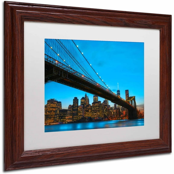 Trademark Fine Art "Brooklyn Bridge 1" Canvas Art by CATeyes, White Matte, Wood Frame