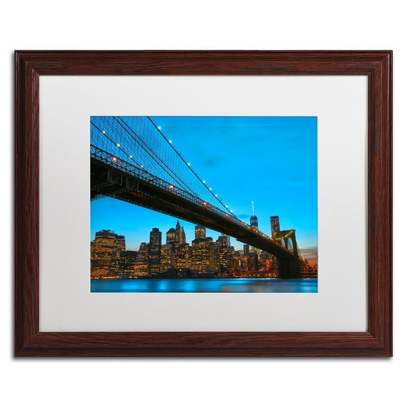 Trademark Fine Art "Brooklyn Bridge 1" Canvas Art by CATeyes, White Matte, Wood Frame