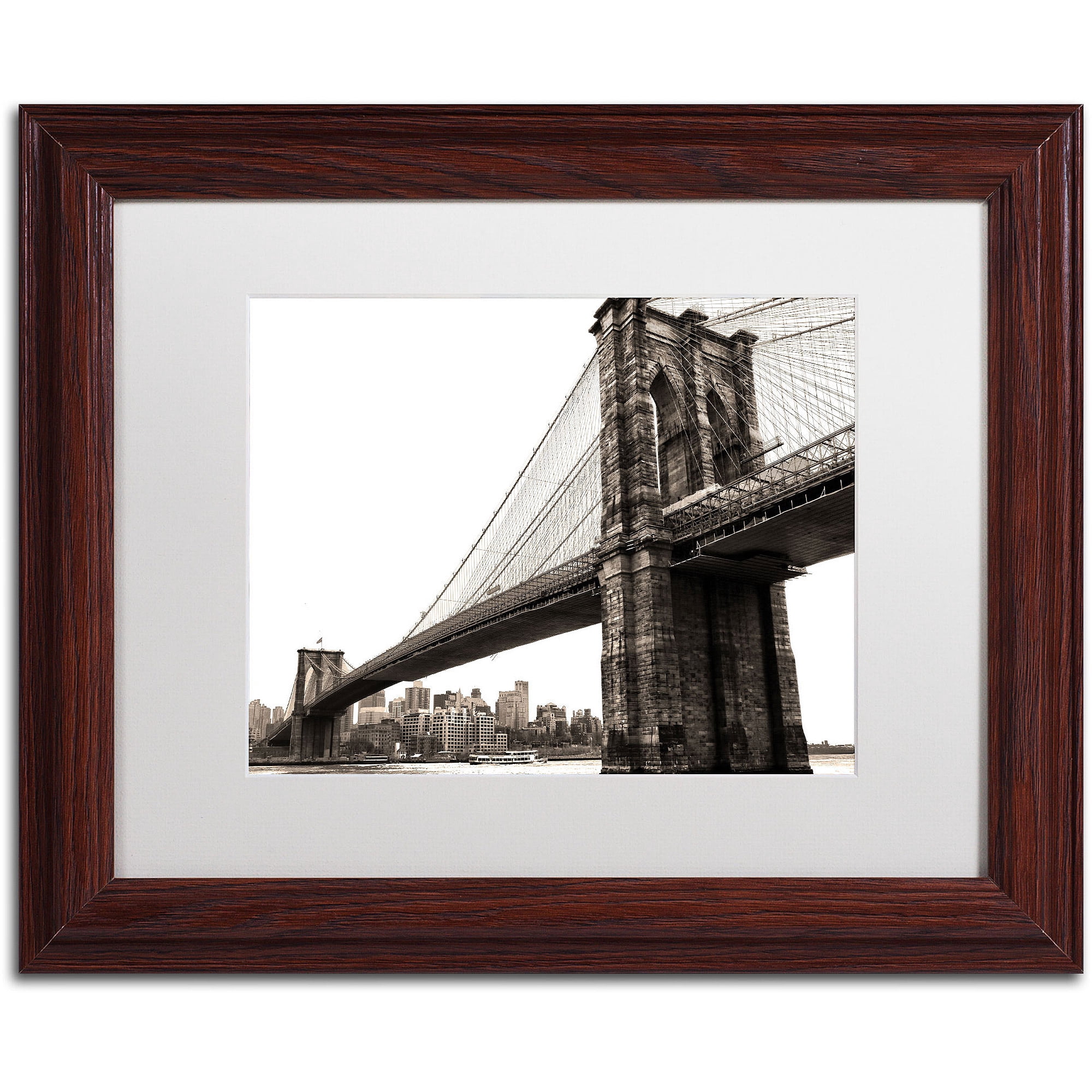 Trademark Fine Art "Brooklyn Bridge 2" Canvas Art by CATeyes, White Matte, Wood Frame