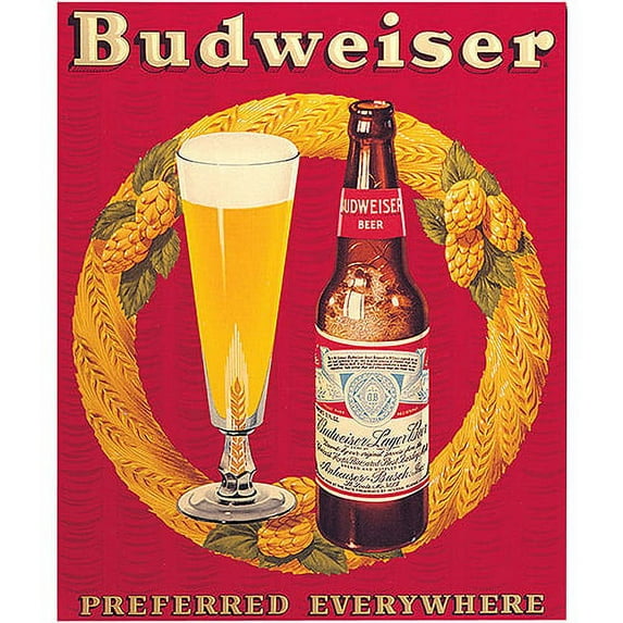 Trademark Fine Art "Budweiser Vintage Ad - Bottle & Glass" Canvas Art, Red, 18x22