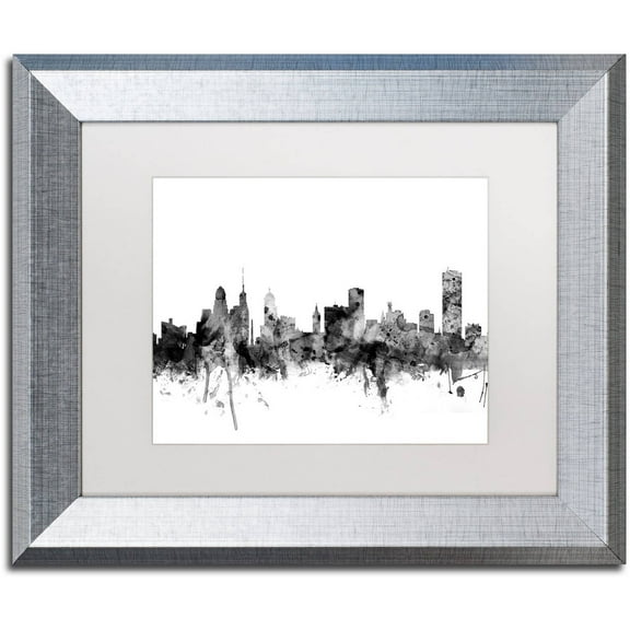 Trademark Fine Art "Buffalo New York Skyline B&W" Canvas Art by Michael Tompsett, White Matte, Silver Frame