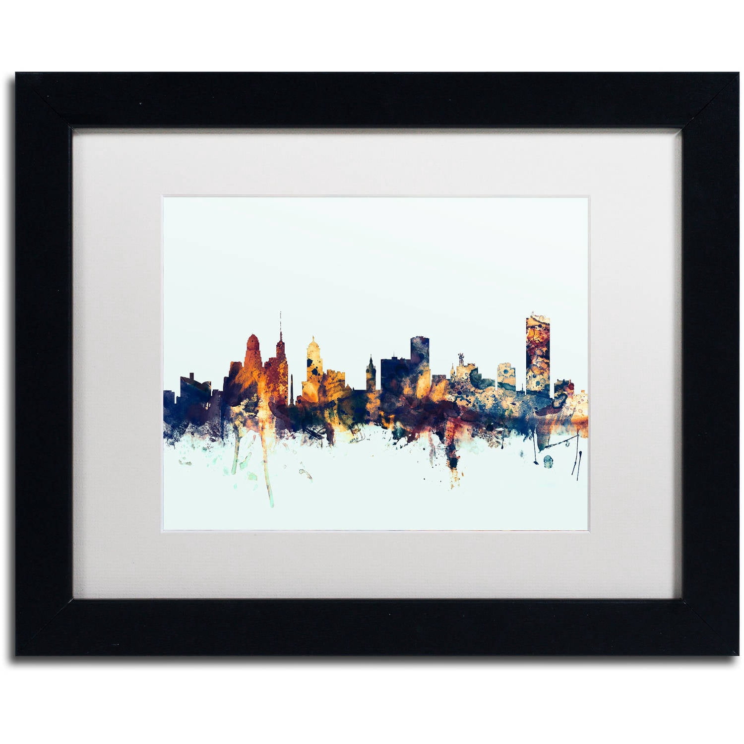 Trademark Fine Art "Buffalo New York Skyline Blue" Canvas Art by Michael Tompsett, White Matte, Black Frame
