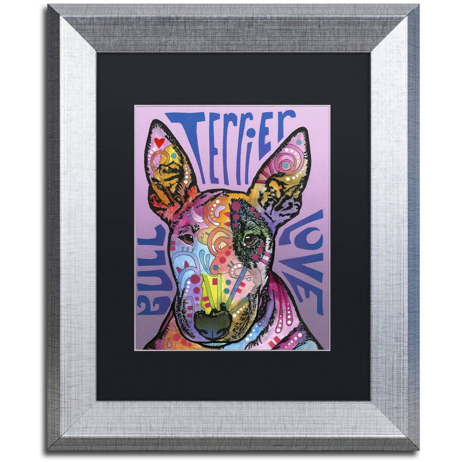 Trademark Fine Art 'Bull Terrier Luv' Canvas Art by Dean Russo, Black Matte, Silver Frame