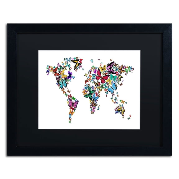 Trademark Fine Art "Butterflies Map of the World" Canvas Art by Michael Tompsett, Black Matte, Black Frame