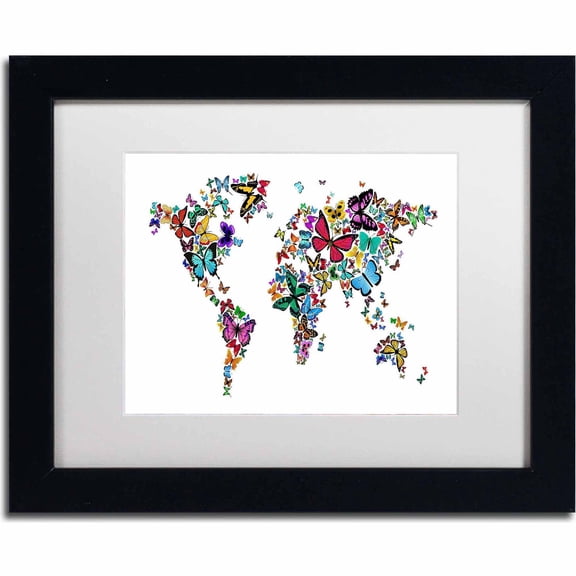 Trademark Fine Art "Butterflies Map of the World" Canvas Art by Michael Tompsett, White Matte, Black Frame