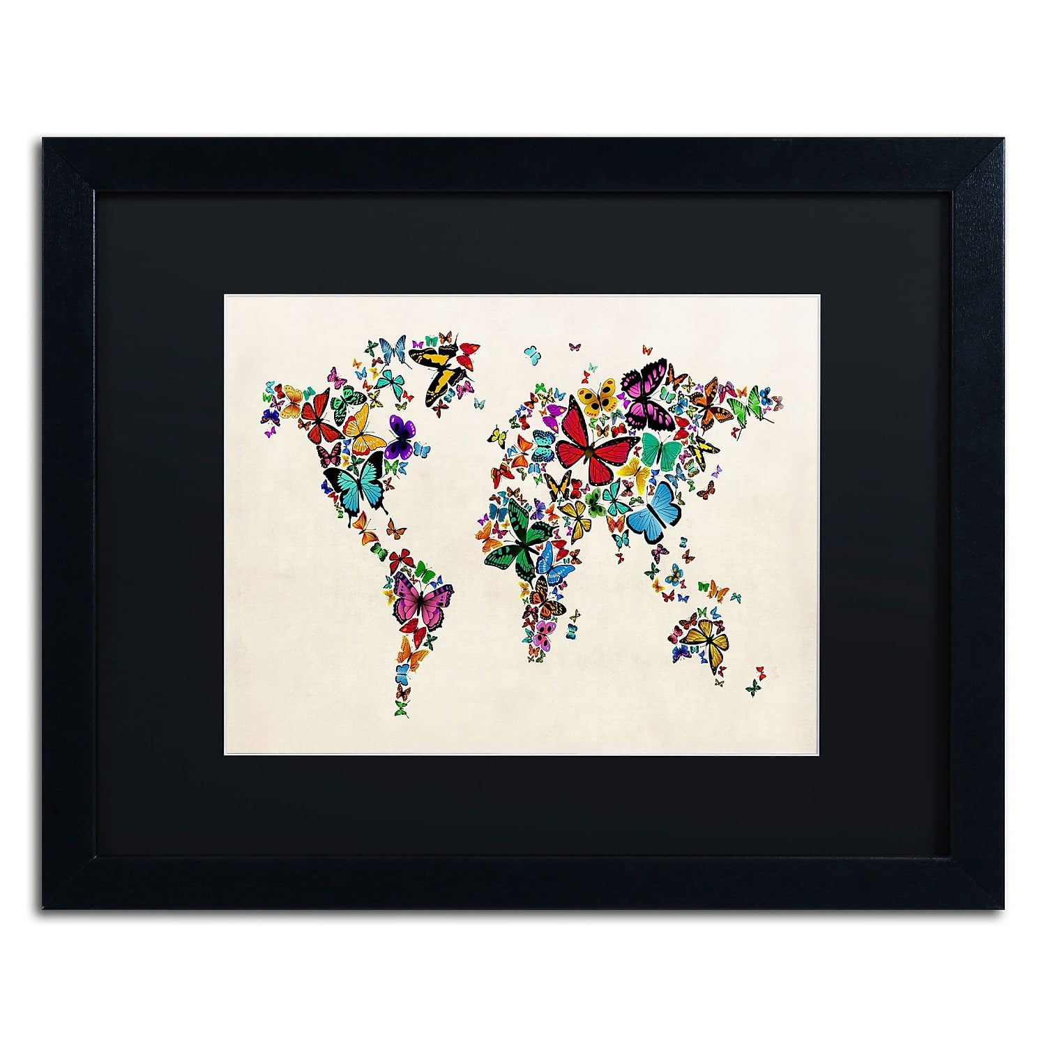 Trademark Fine Art "Butterflies Map of the World II" Canvas Art by Michael Tompsett, Black Matte, Black Frame