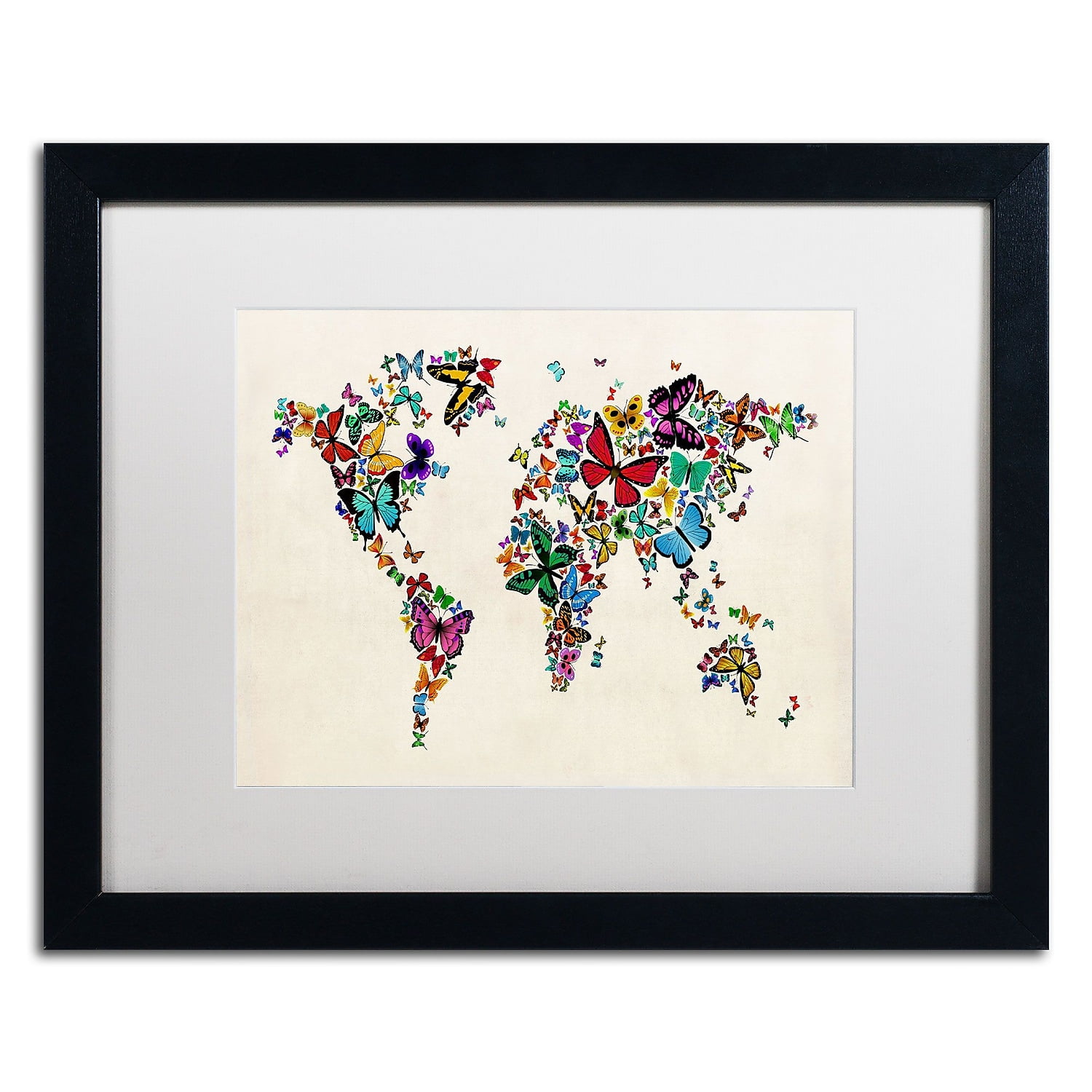 Trademark Fine Art "Butterflies Map of the World II" Canvas Art by Michael Tompsett, White Matte, Black Frame