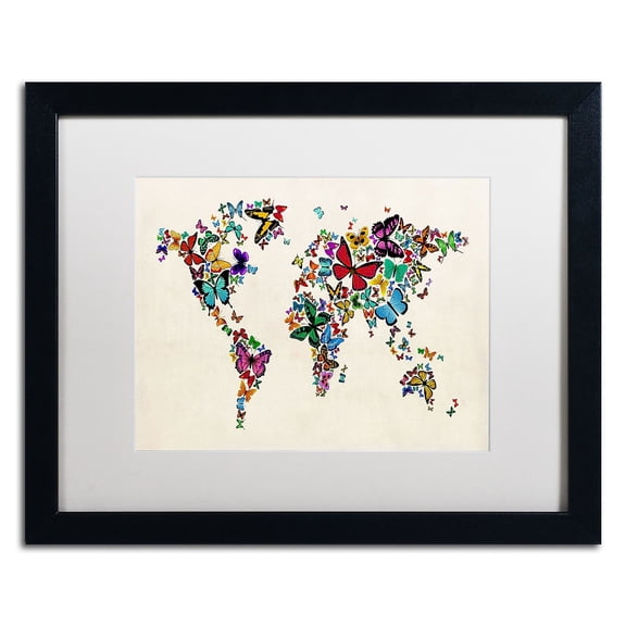 Trademark Fine Art "Butterflies Map of the World II" Canvas Art by Michael Tompsett, White Matte, Black Frame