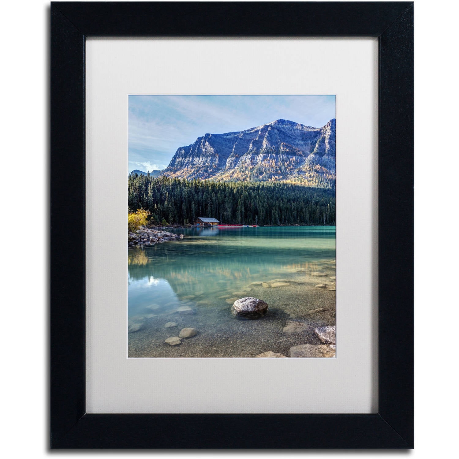 Trademark Fine Art 'Cabin at Lake Louise' Canvas Art by Pierre Leclerc, White Matte, Black Frame