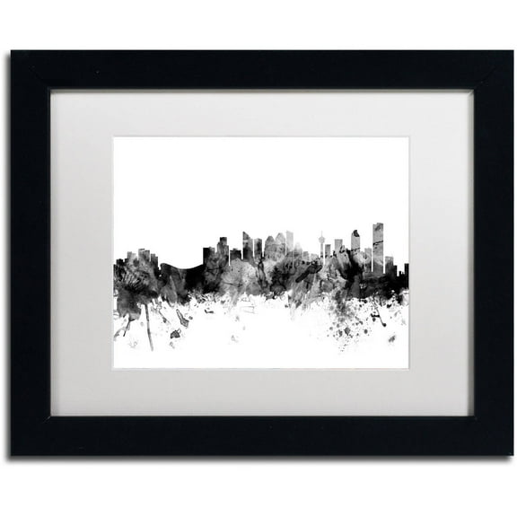 Trademark Fine Art "Calgary Canada Skyline B&W" Canvas Art by Michael Tompsett, White Matte, Black Frame