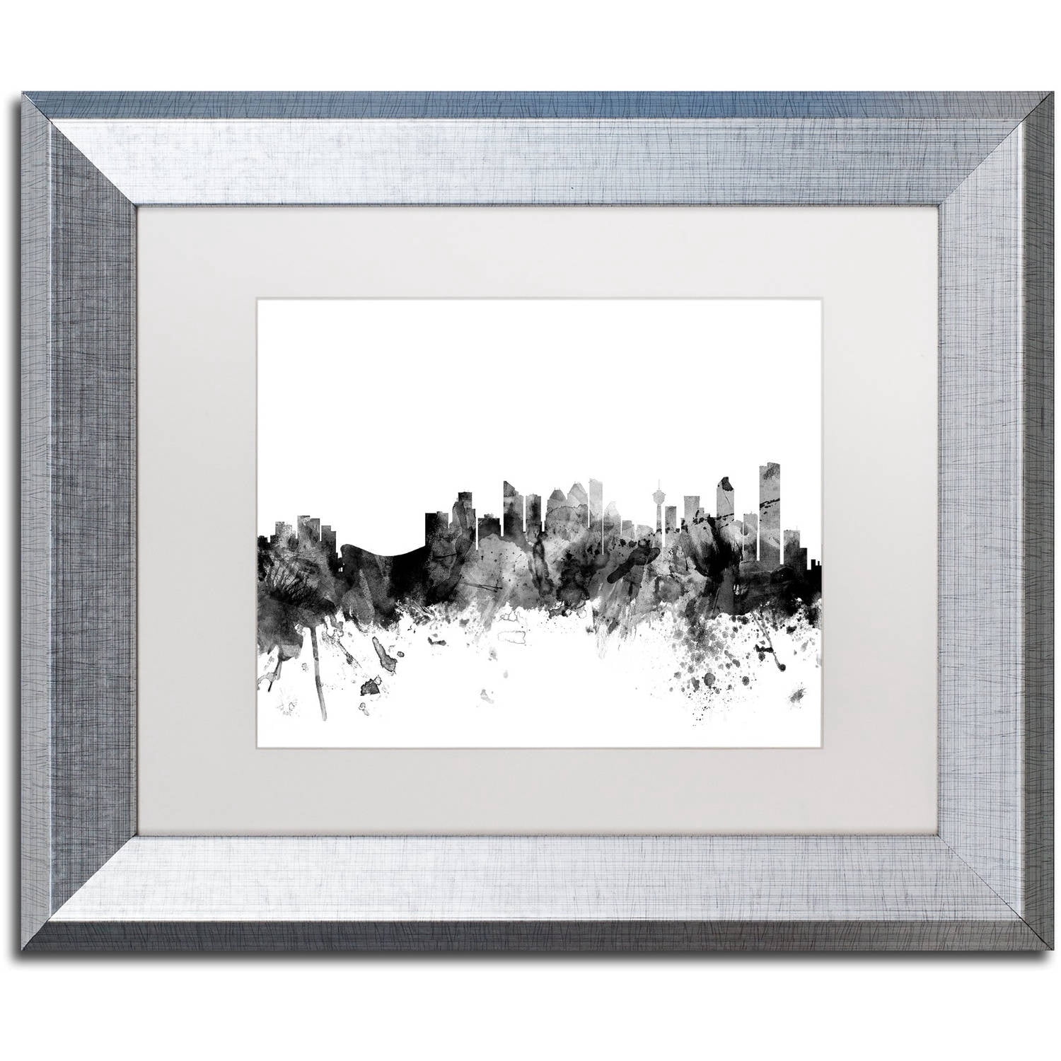Trademark Fine Art "Calgary Canada Skyline B&W" Canvas Art by Michael Tompsett, White Matte, Silver Frame