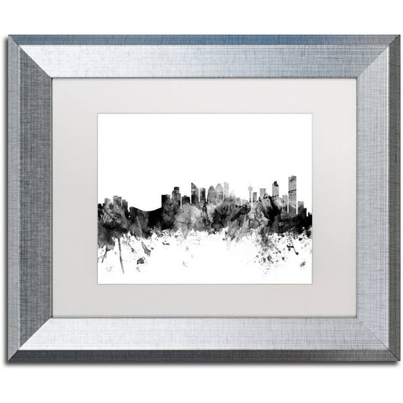 Trademark Fine Art "Calgary Canada Skyline B&W" Canvas Art by Michael Tompsett, White Matte, Silver Frame