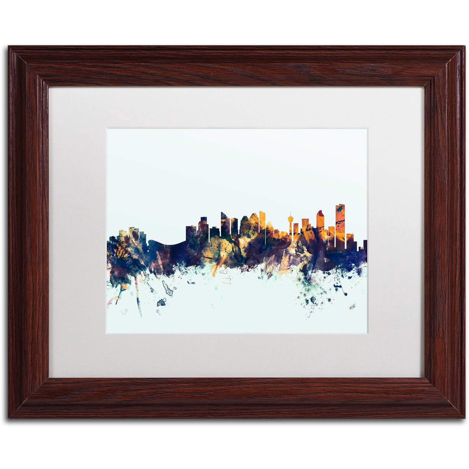 Trademark Fine Art "Calgary Canada Skyline Blue" Canvas Art by Michael Tompsett, White Matte, Wood Frame